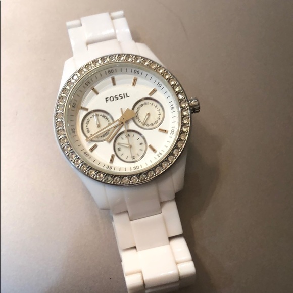 Fossil Watch White Band Crystal Bezel 